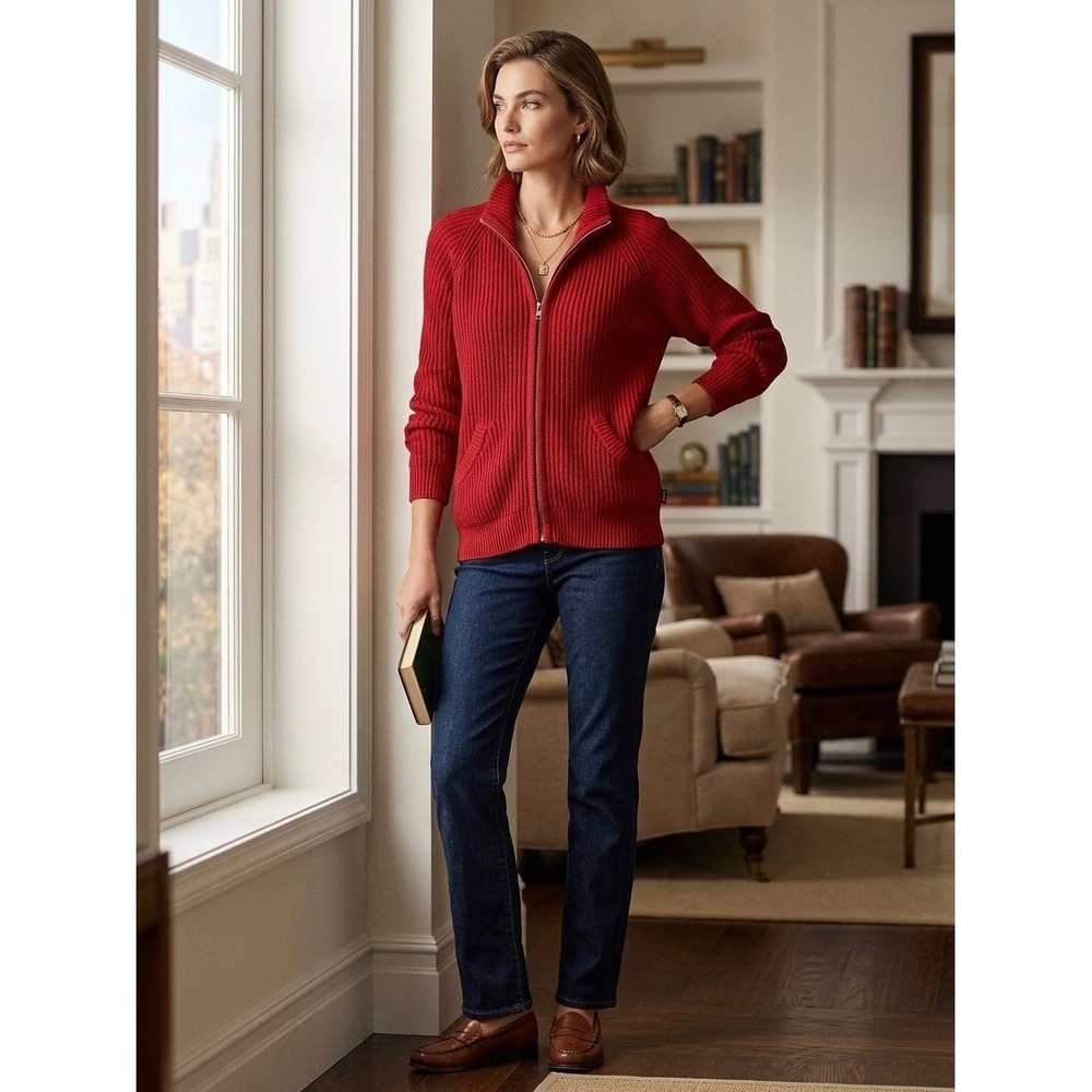 Lauren Ralph Lauren Red Ribbed Cotton Full Zip Mock Neck Sweater Cardigan Mens M